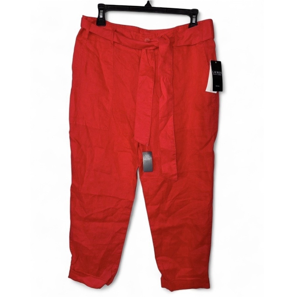 NWT Lauren Ralph Lauren Petite Red 100% Linen Tie-Waist Crop Pants 10P Classic